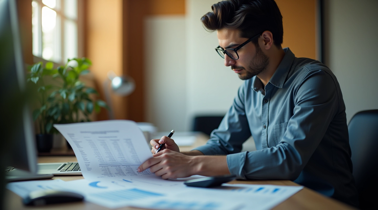 Financial analyst reviewing balance sheet components at professional desk workspace